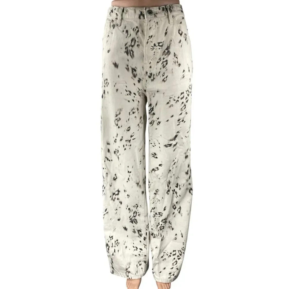 Lovers + Friends Lover Boy White Leopard Print Straight Baggy Denim Jeans Sz 29